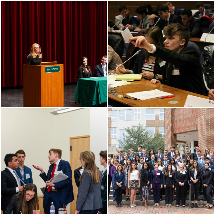 A series of four photos taken at Model UN conference - students meeting in groups and sitting in an auditorium