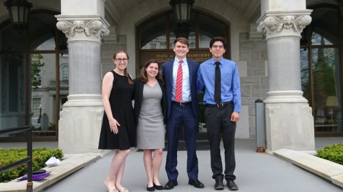 Students stand outside the Legislative Office Building in Concord, N.H., last month after testifying before the House Children and Family Law Committee.