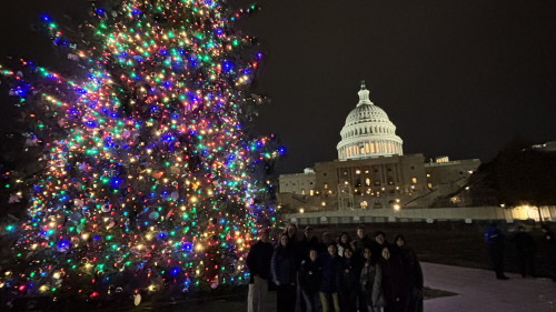 The RLF students stand outside at night. The US Capitol building is in the background and they are standing next to a large lit up Christmas tree.