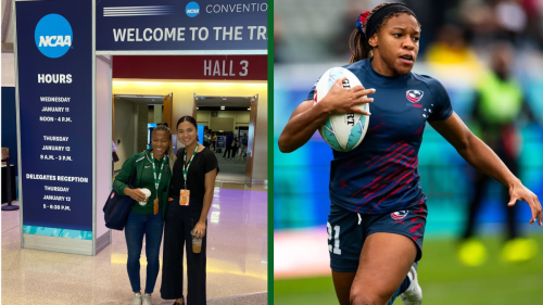 Ariana Ramsey and another person at an NCAA conference and a photo of Ariana Ramsey playing rugby