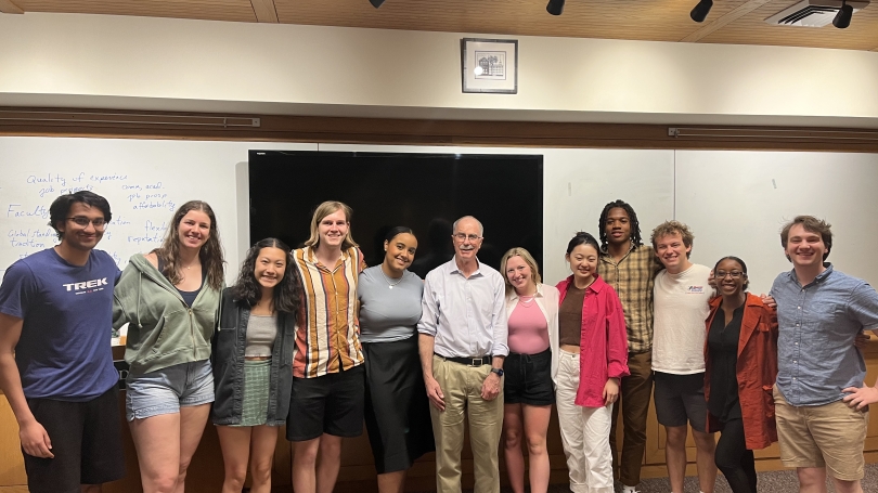 President Hanlon talks to students in the Class of 1930 room