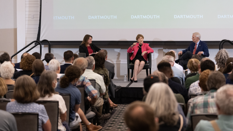 Senators Rob Portman '78 and Jeanne Shaheen Senators Rob Portman '78 and Jeanne Shaheen on a stage with a crowd in the foreground