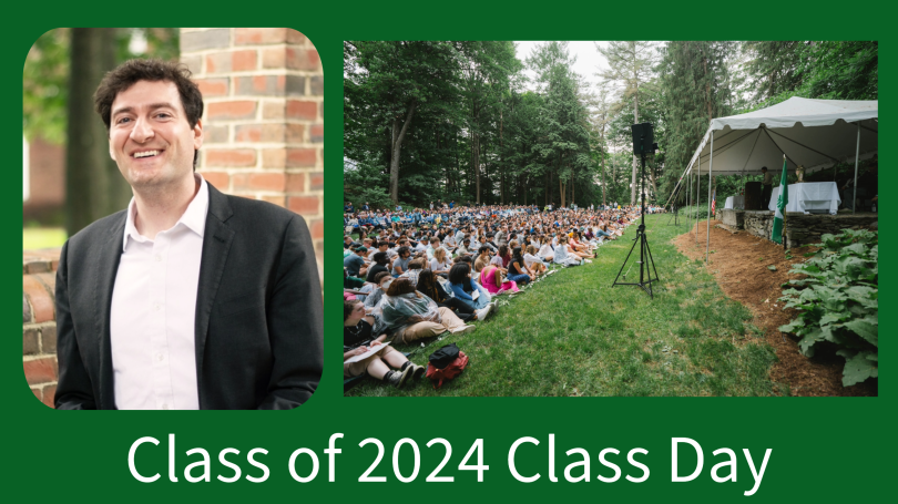 A headshot of Herschel Nachlis of Dartmouth and Rockefeller and a photo of students sitting on the ground listening to a speaker.