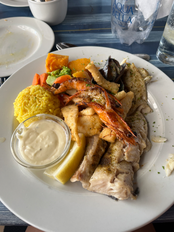 A plate of seafood.