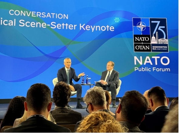 Jens Soltenberg on the NATO Summit stage