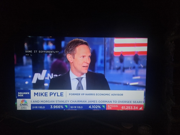 A photo of a tv showing Mike Pyle speaking on CNBC.
