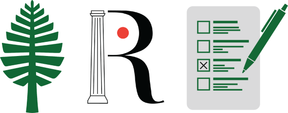 Three logos - Lone pine, Rocky R, and a graphic of a survey with a pen